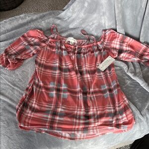 French Laundry Coral and Gray Plaid Off-Shoulder Top